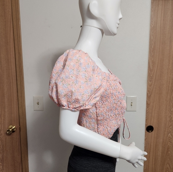 Elodie peach rouched smocked floral print crop top size large - Picture 7 of 12